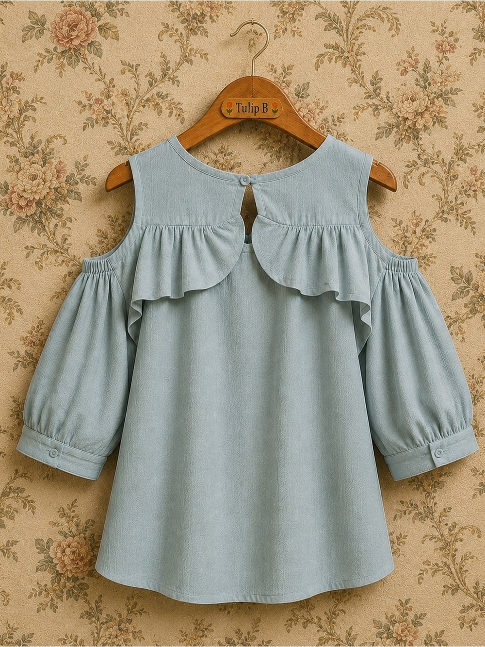 NWT Tulip B Women's Cold-Shoulder Ruffle Blouse in Smokey Blue Denim - Picture 3 of 4
